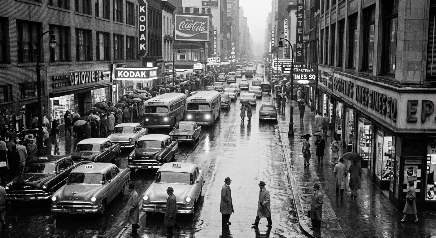 Crowded rainy street in 1950s city with people holding umbrellas and classic cars and buses